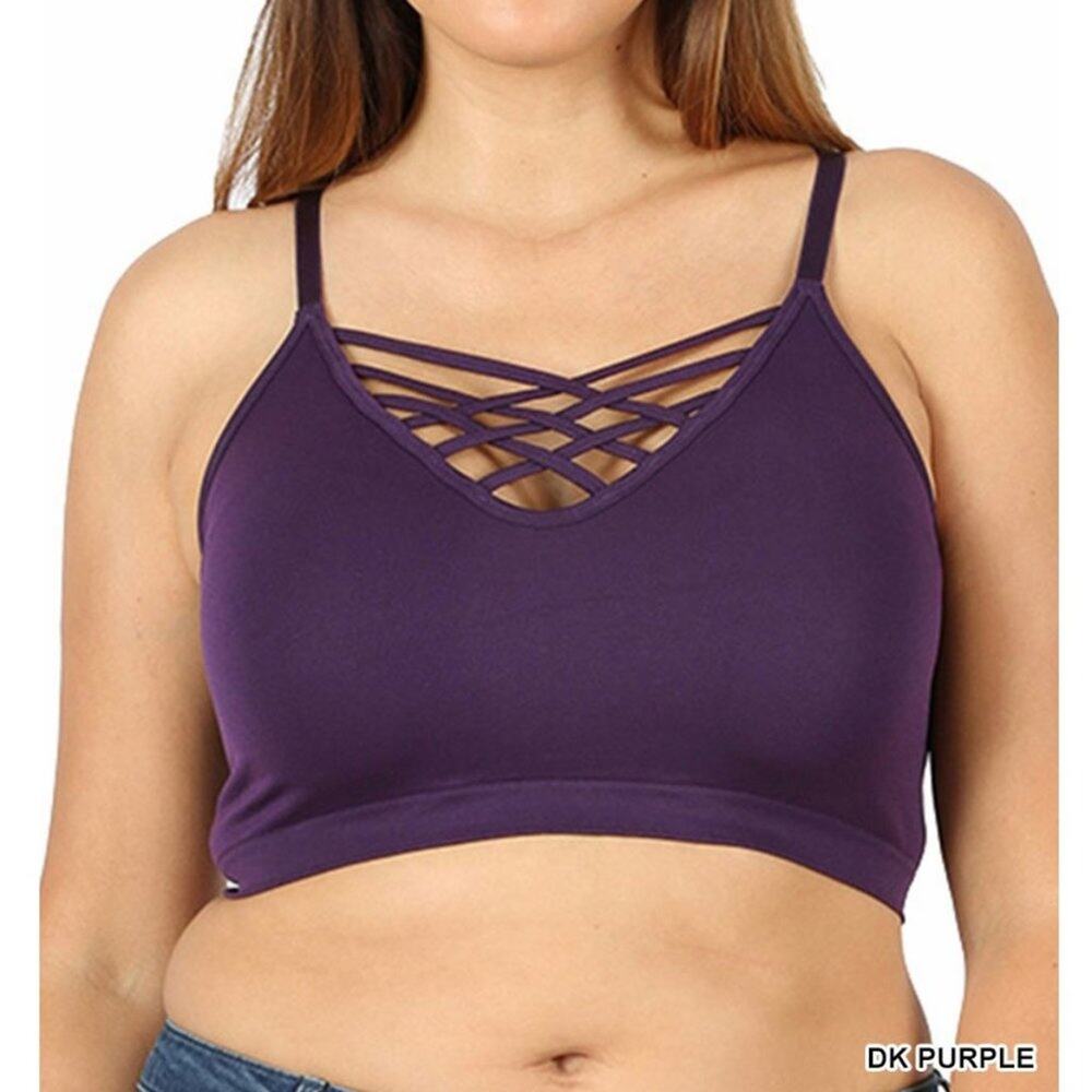 2X/3X Dark Purple Front V Lattice Bralette +bra padding adjustable straps Zenana - Picture 15 of 15